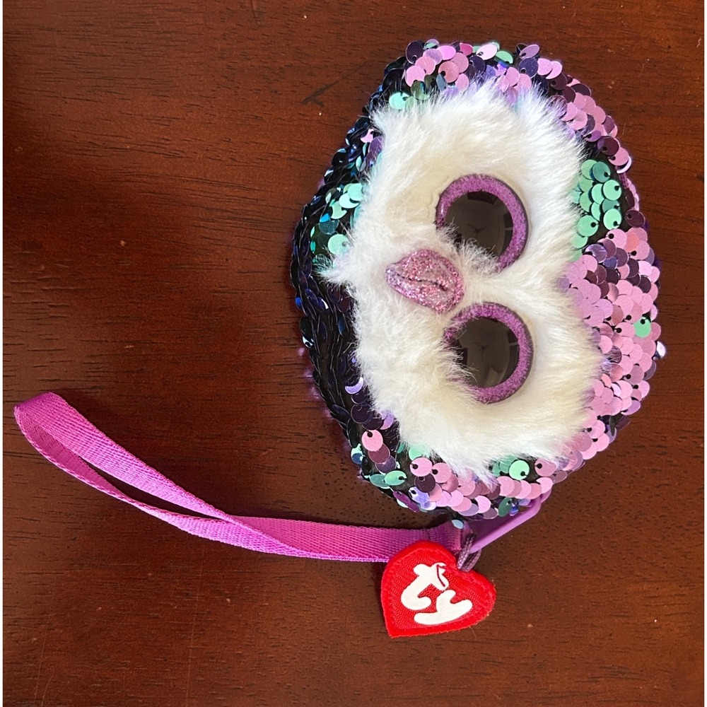 Ty Beanie Boos Moonlight Owl Flippables Sequin Coin Purse Purple Teal Wristlet - Picture 2 of 5